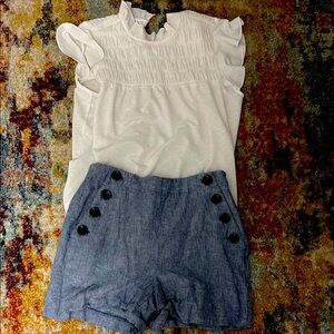 Ann Taylor White Ruffled Blouse with Smocked Details and chambray shorts Xsmall